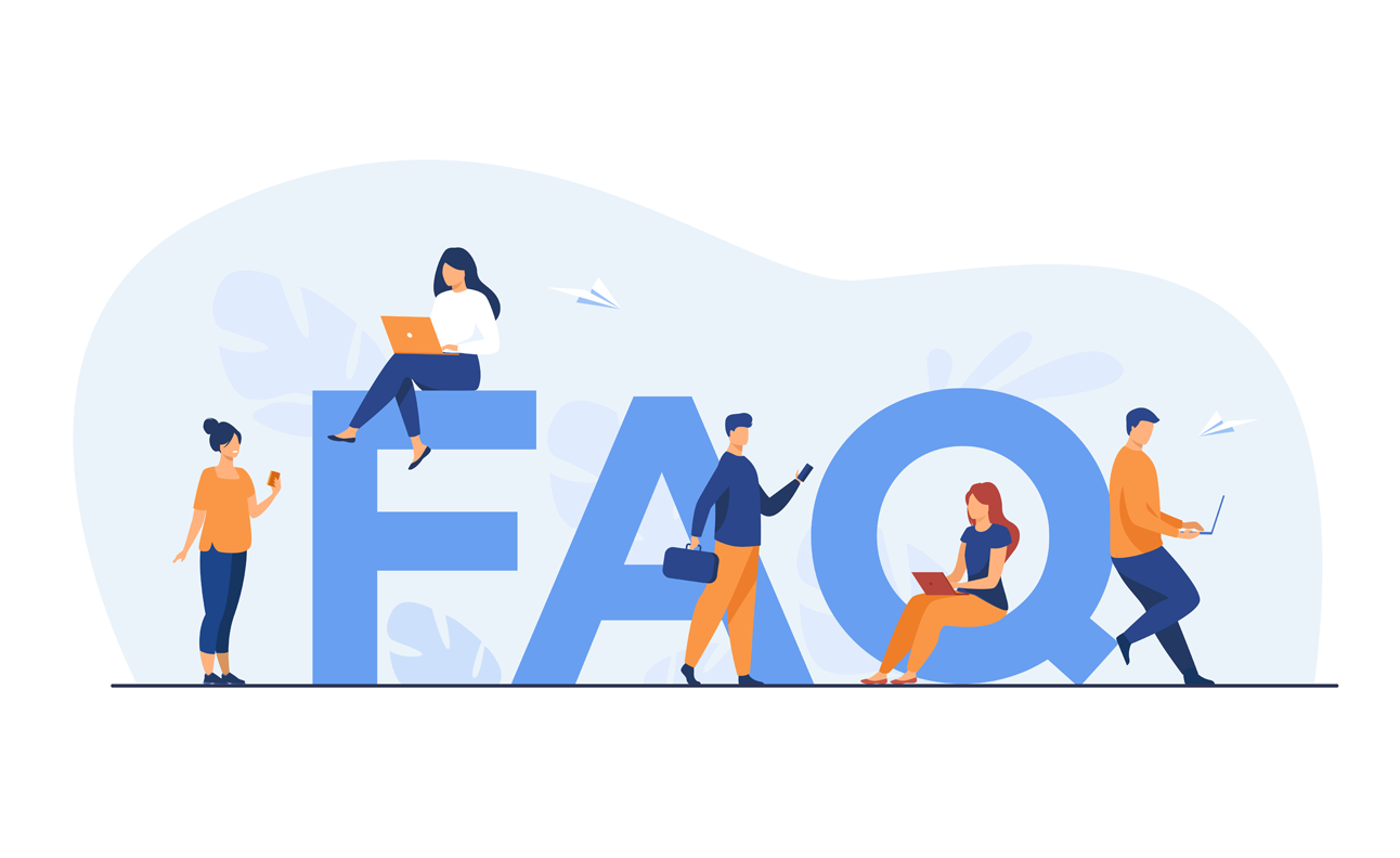 An illustration of several people working around a large 'FAQ'.