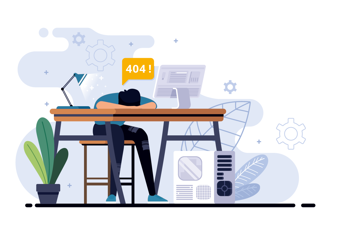 An illustration of a frustrated person banging their head on the desk over a 404 error.
