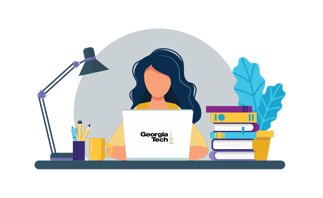 A Sites@GT graphic, depicting a woman typing at a laptop at her desk.