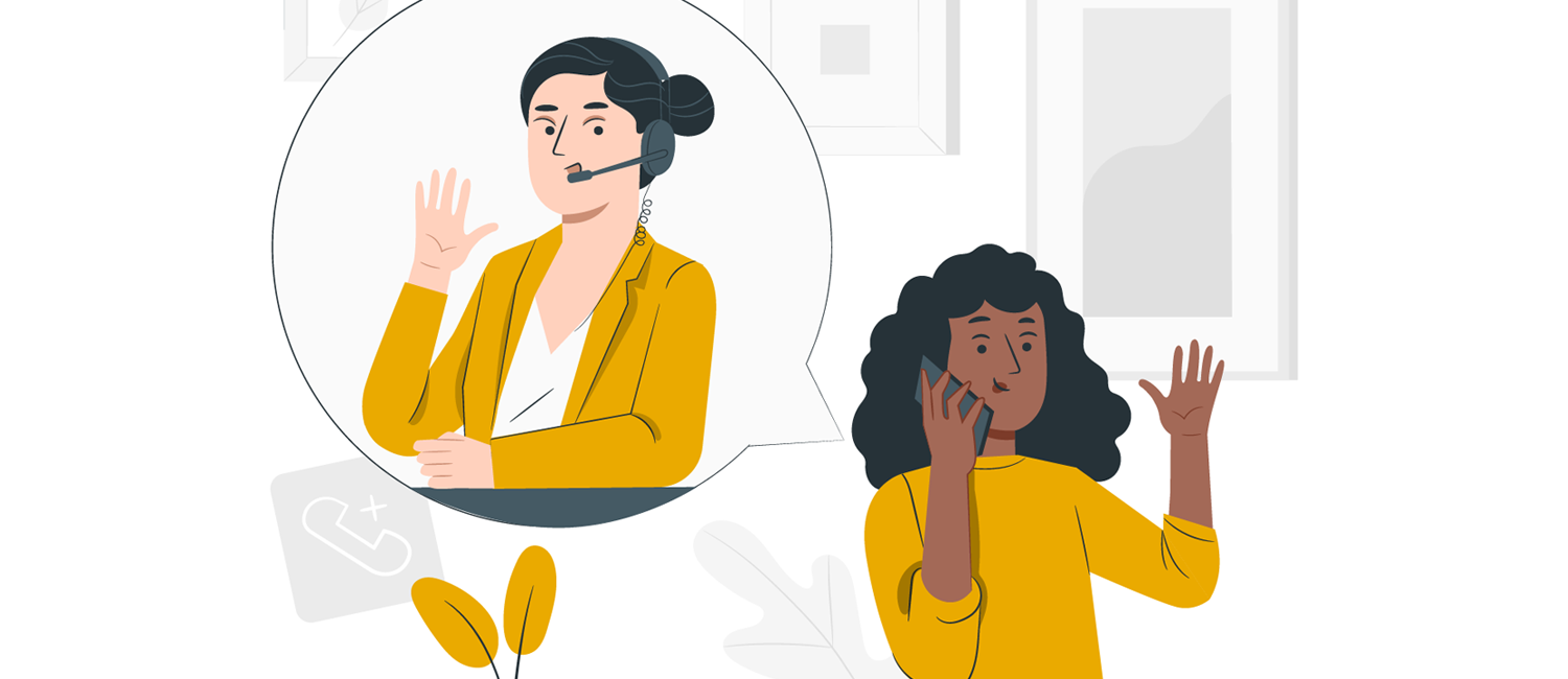 An illustration of two women talking over the phone about a technical issue.