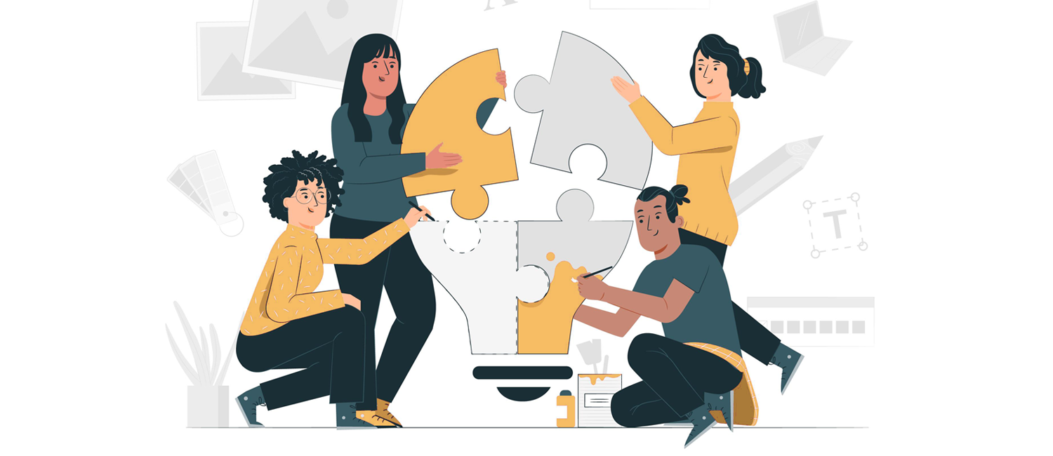 An illustration of a team putting puzzle pieces together to form a lightbulb.