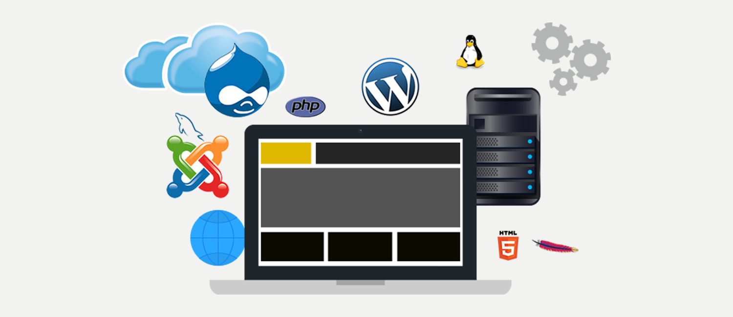 A picture of a laptop with many different web hosting icons around it.